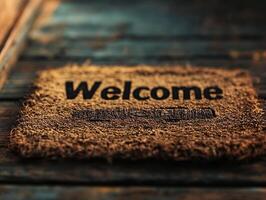 Retro Front Door Mat Saying 'Welcome' on a Porch Highlighting Vintage Charm and Inviting Warmth photo