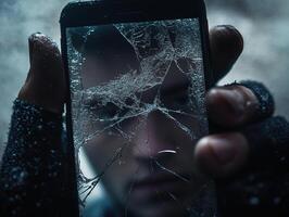 Selfie on a Cracked Smartphone Screen Highlighting Digital Fragility and Personal Connection photo