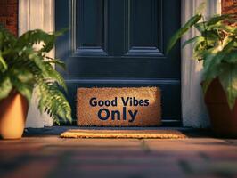 Front Door Mat Saying Good Vibes in Blue Highlighting a Welcoming and Positive Atmosphere photo