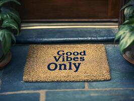 Front Door Mat Saying Good Vibes in Blue Highlighting a Welcoming and Positive Atmosphere photo