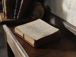 Antique Notebook with Handwriting on It in Close Up View photo