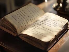 Antique Notebook with Handwriting on It in Close Up View photo