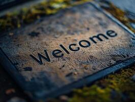 Close Up of Old Weathered Doormat with Welcome Writing and Vintage Charm photo
