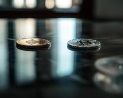 Close Up of Coin with Bitcoin Logo and Another Coin with Ethereum Logo on Marble Surface photo