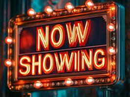 Bright Vintage Movie Marquee with Now Showing Text for Nostalgic Cinema Charm photo