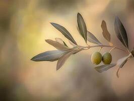 Close Up of Fresh Green Olives on an Olive Branch with Blurred Background for Natural Beauty photo