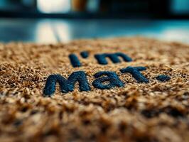 Close Up of Front Door Mat with I Am Mat Text for Welcoming Humor photo