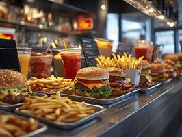 Counter of Fast Food Restaurant with Burger Menus Fries and Coke Capturing Classic Dining Experience photo