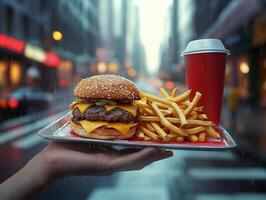 hamburguesa menú con papas fritas y Coca en un bandeja con borroso ciudad calle antecedentes capturar urbano rápido comida deleite foto