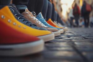 Close Up of Divers Shoes in Different Colors Lined in a Row Highlighting Vibrant Gear photo