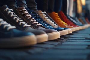 Close Up of Divers Shoes in Different Colors Lined in a Row Highlighting Vibrant Gear photo