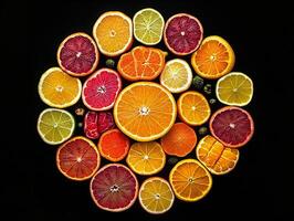 Assorted Slices of Citrus Fruits Arranged in a Circular Pattern on Black Background photo
