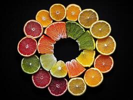 Assorted Slices of Citrus Fruits Arranged in a Circular Pattern on Black Background photo