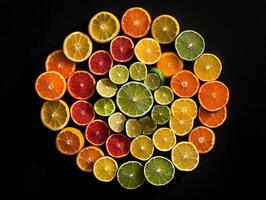 Assorted Slices of Citrus Fruits Arranged in a Circular Pattern on Black Background photo
