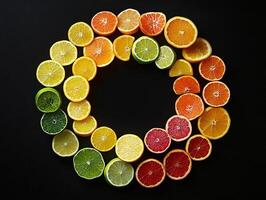 Assorted Slices of Citrus Fruits Arranged in a Circular Pattern on Black Background photo