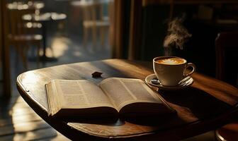 Steaming Cup of Coffee and Open Book on a Wooden Table in Cozy Ambient Lighting photo