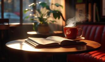 Steaming Red Cup of Coffee and Open Book on a Wooden Table in Cozy Ambient Lighting photo