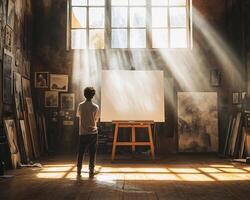 Artist Standing in a Sunlit Studio Before a Blank Canvas on an Easel photo