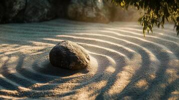 Zen Garden Scene with a Single Stone Casting Shadows on Raked Sand Patterns photo