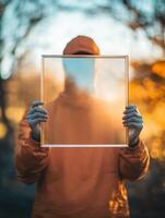 Abstract Concept of Identity with Person Holding Transparent Frame in Autumn Light photo