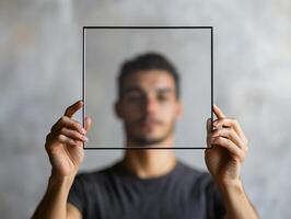 Blurred Portrait of a Man Holding a Transparent Glass Frame Against a Neutral Background photo