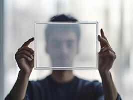 Blurred Portrait of a Man Holding a Transparent Glass Frame Against a Neutral Background photo
