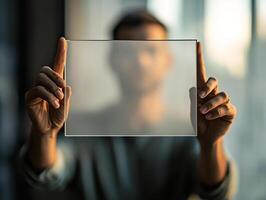 Blurred Portrait of a Man Holding a Transparent Glass Frame Against a Neutral Background photo