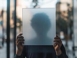 Blurred Portrait of a Man Holding a Transparent Glass Frame Against a Neutral Background photo