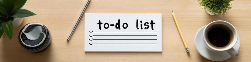 Minimalist horizontal banner featuring a todo list coffee cup and potted flower with ample copy space photo