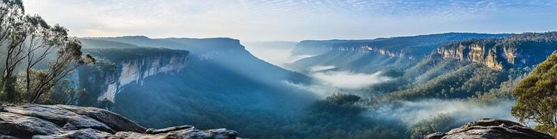 Stunning panoramic mountain valley with misty forest and dramatic cliffs at sunrise photo