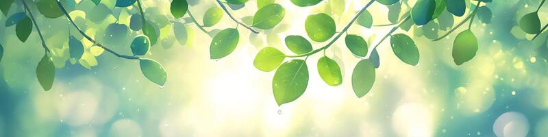 Fresh green leaves with dew drops in spring sunlight on a soft natural background photo