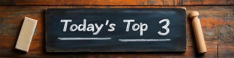 Chalkboard with Today's Top 3 tasks written in white chalk rustic wooden desk photo