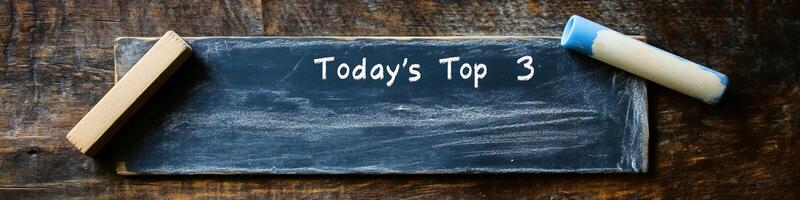 Chalkboard with Today's Top 3 tasks written in white chalk rustic wooden desk photo