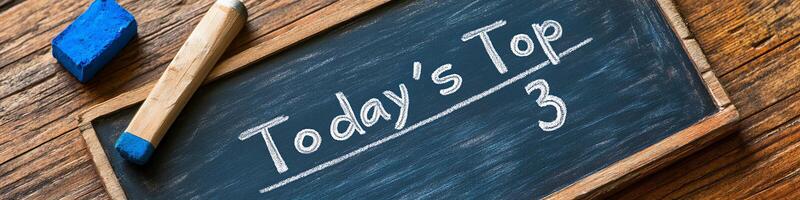 Chalkboard with Today's Top 3 tasks written in white chalk rustic wooden desk photo