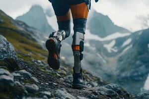 Running Prosthetic Legs in Mountain Mud Showcasing Resilience and Athleticism photo