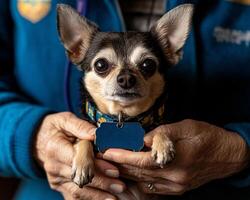 Heartwarming Close Up Shelter Worker Holding a Puppy photo