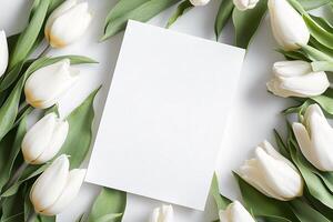 Tulip Frame on White Background Featuring Blank Envelope as Central Element Easter Template photo