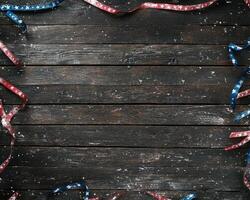 Rustic Wooden Background with Red and Blue Ribbons Border photo