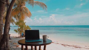 Remote Work Setup with Laptop and Coffee Mug on a Tropical Island photo