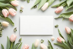 Tulip Frame on White Background Featuring Blank Envelope as Central Element Easter Template photo