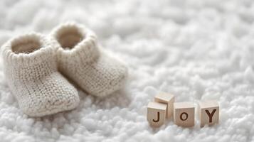 Tiny Baby Booties on Soft Carpet with Play Cubes Reading Joy Highlighting Innocence photo