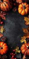 Harvest Festival Fruits on Dark Background with Central Space for Creative Use photo