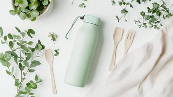 Top Down View of Reusable Water Bottle and Miniature Potted Plants on White Background photo