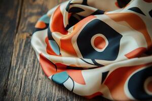 Close-Up of Colorful Silk Scarf Highlighting Luxurious Texture and Vibrant Design photo