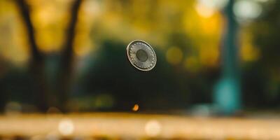 Single Coin Tossed in Mid-Air with Blurred Background photo