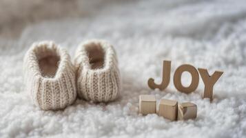 Tiny Baby Booties on Soft Carpet with Play Cubes Reading Joy Highlighting Innocence photo