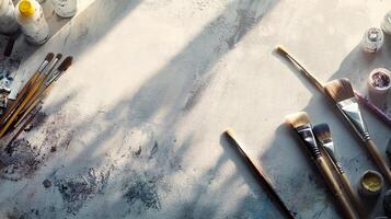 Painter's Workspace with Paint Brushes and Canvas photo