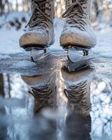 Close-Up of Ice Skates Reflecting on Shiny Ice Surface During Winter Sports photo