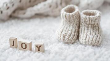 Tiny Baby Booties on Soft Carpet with Play Cubes Reading Joy Highlighting Innocence photo