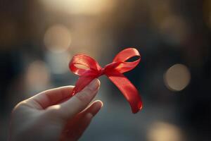 Close Up of Hand Holding Red Ribbon with Blurred Background photo